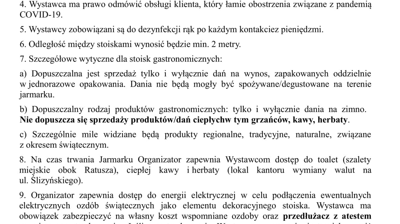 INFORMACJA DLA WYSTAWCÓW - Jarmark Bożonarodzeniowy 2020