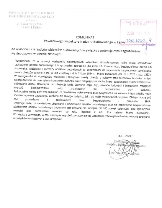 Komunikat Powiatowego Inspektora Budowlanego